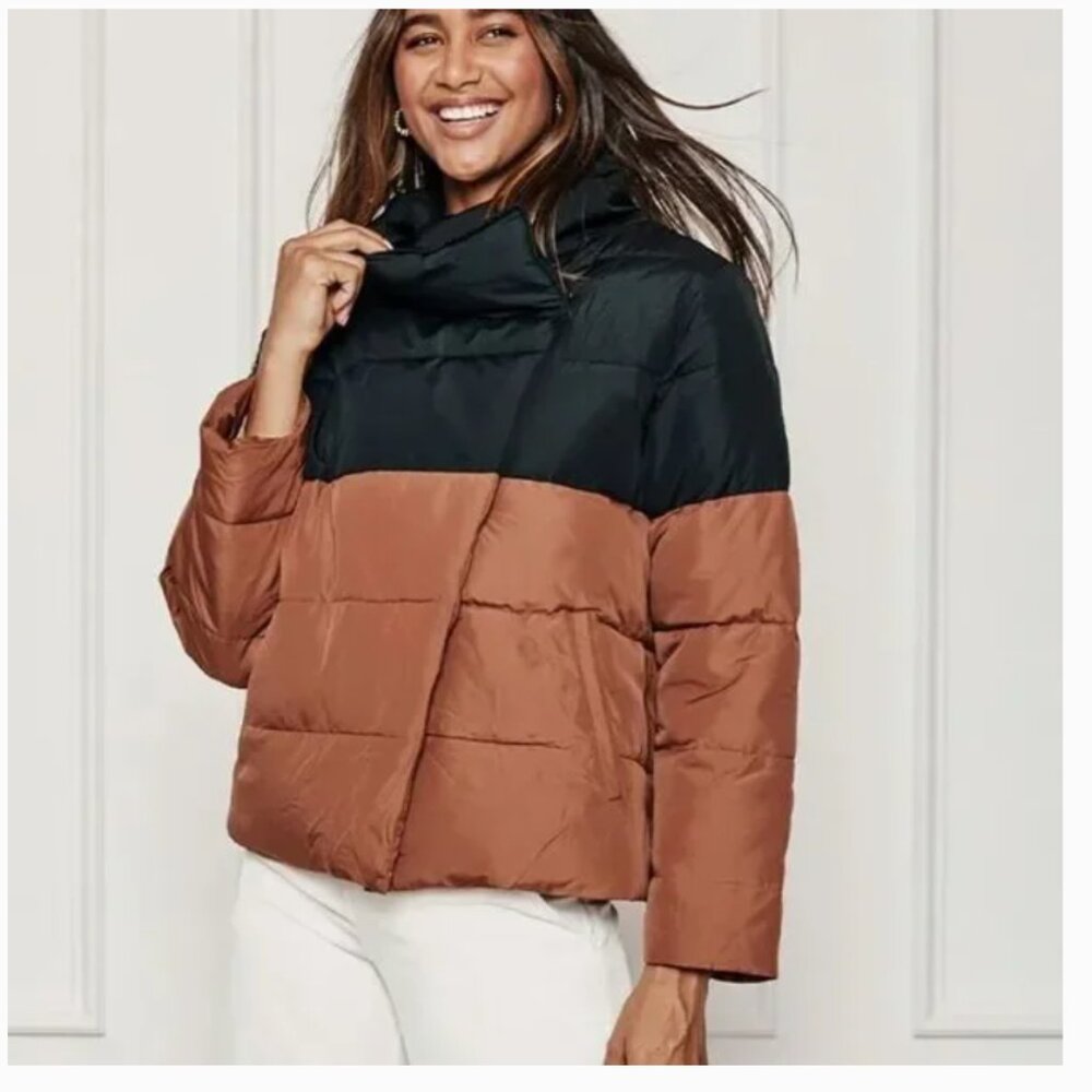 Summersalt Colorblock Eco Puffer Jacket Coat Size Medium Brown Black